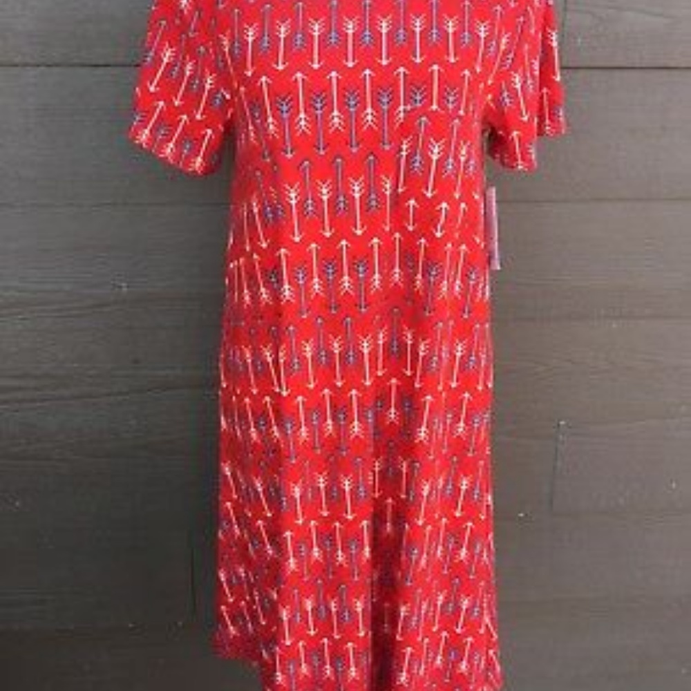 LULAROE Carly Red Dress with blue and white arrows